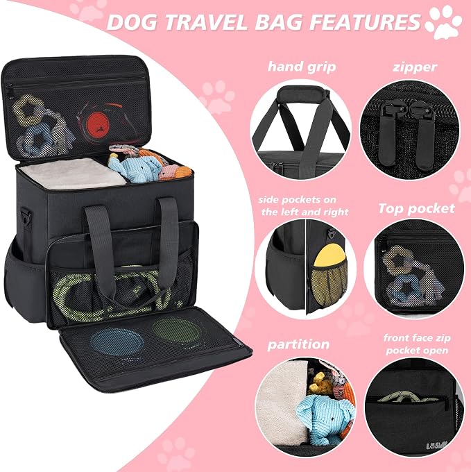 Dog Travel Bag, Large Pet Travel Set with Multi-Function Pockets | 2 Food Storage Containers, 2 Collapsible Bowls, 1 Feeding Mat for Pet Supplies, Road Trip Essentials, Weekend Camping, Black - Image 6