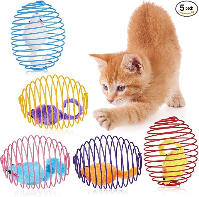 Jecery 5 Pcs Cat Toys Spring,Mouse,Multicolor | Interactive Metal Cat Toy, Stretchable Rolling Ball, for Indoor Cats, Colorful Playful Coils, Kitten Pet Supplies by Jecery