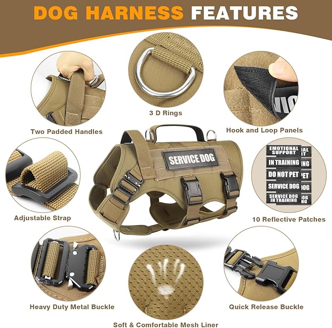 Service Dog Vest Harness for Medium Dog, Tactical Working MOLLE Vest with 10 Pet Patches, No Pull Heavy Duty Harness for Training Walking - Image 3