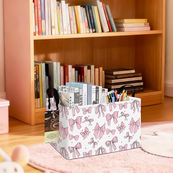 Rectangle Foldable Storage Basket Handles For Home, Pink Bow | Waterproof canvas material, reinforced handles, perfect for shelf use, organizes clothes, daily items and pet supplies - Image 5