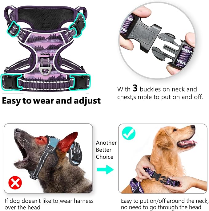 Timos Small Dog Harness, No Pull No Choke, Easy On & Off, Moon Night, XS | Adjustable Reflective Soft Padded, Neck Quick Release with 3 Buckles, Front & Back 2 Clips and Handle for Walking Training - Image 2