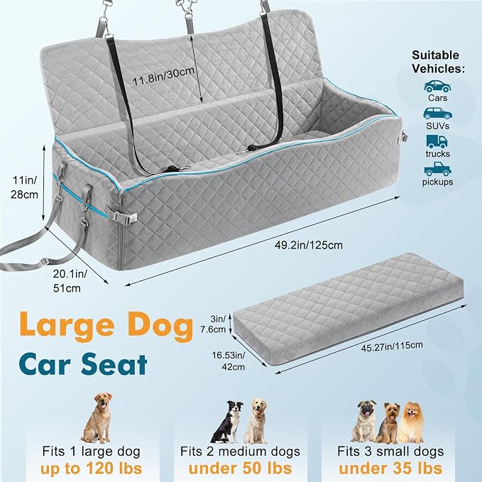 Large Dog Car Seat for Large Dogs Up to 120 lb, Thick Cushion, Grey | 3" High-Density Foam Dog Car Bed, 2-Sided Cool/Warm Cushion Cover , 2 Pockets, 3 Safety Belts, Detachable & Washable - Image 2