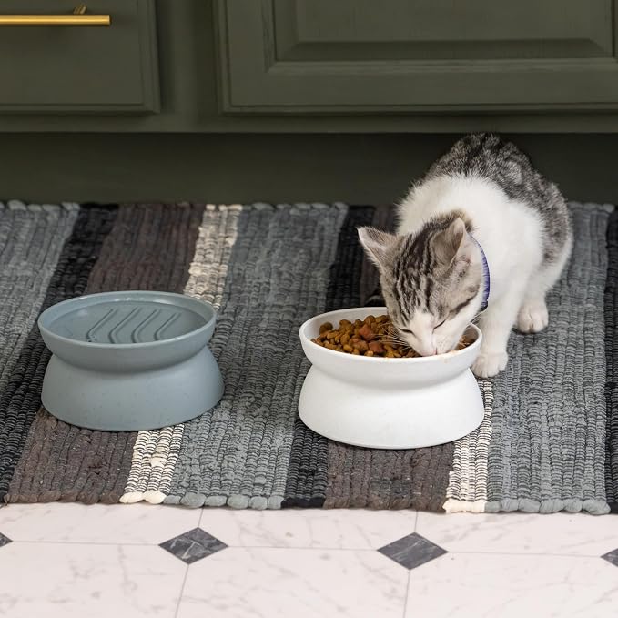 Kitty City Elevated Slow Feeder Cat Bowls (Set of 2), Whisker-Friendly Raised Cat Food Dishes with Ridges, Helps Reduce Fast Eating & Digestion Issues, Dishwasher Safe, 6.5 oz – White & Gray - Image 3
