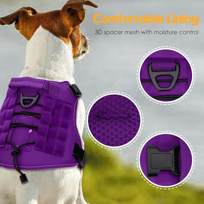 Heavy-Duty Tactical Dog Harness for Large Dogs, No Pull Adjustable Reflective Pet Vest with Molle System, K9 Military-Grade Control for Service Training, Outdoor & 10+ Breeds, Purple, XX-Large - Image 2