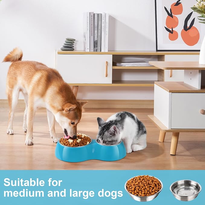 Double Dog Bowls and Food Bowls,Includes Small (4 fl oz) & Medium (10 fl oz) & Non-Slip Resin Station,Pet Feeder for Puppy Medium Dogs Cats - Blue - Image 4