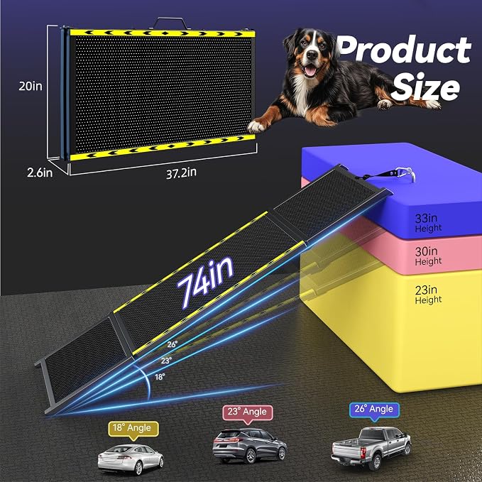 74'' L & 20'' W Longest Dog Ramp for Car - Extra Wide Portable Pet Dog Ramps for Large Dogs, Dogs Cars Ramp for Car SUV/Truck/RV/Bed, Lightweight Ramps with Non-Slip Mesh Up to 250LBS, Black | Extra Wide Portable Pet Dog Ramps for Large Dogs, Dog Car R... - Image 4