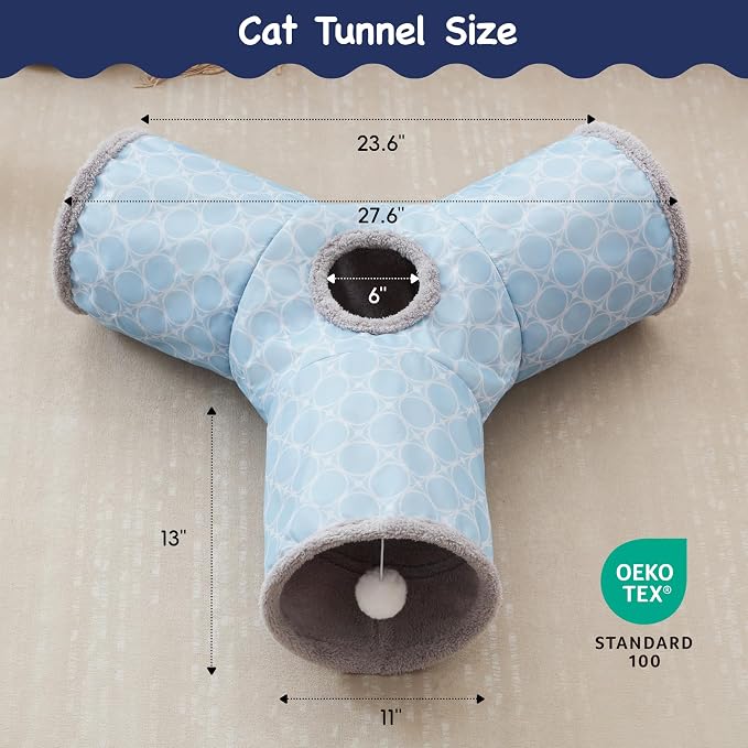 Tempcore Cat Tunnel for Indoor Cats, 3 Way Collapsible Pet Play Tunnel with Teaser Wand, Peek Holes & Hanging Ball, Interactive Tube for Kittens & Rabbits, Geometry Blue - Image 2