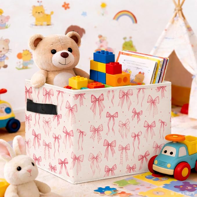 Pink Bow Storage Bin, Foldable Fabric Organizer | Soft pink bow storage bin for toys, books, clothes, blankets, nursery supplies, girls rooms, shelves, and closets. - Image 2