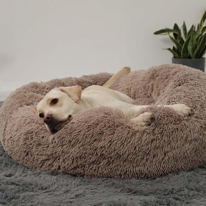 HACHIKITTY Calming Donut Cuddler Dog Bed, Round Fluffy Pet Bed with Sewn-in Cushion for Large Dogs,Washable, Taupe, XLarge 36'' - Image 5
