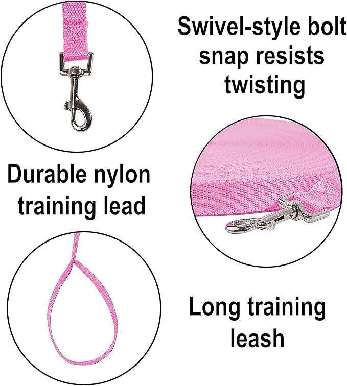 Hi Kiss Dog/Puppy Obedience Recall Training Agility Lead - 15ft 20ft 30ft 50ft 100ft Training Leash - Great for Training, Play, Camping, or Backyard - Pink 30ft - Image 3