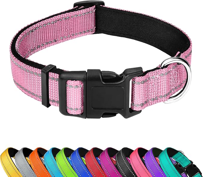 Reflective Dog Collar, Adjustable Soft Neoprene Padded,Light Pink,M | Breathable Nylon for Medium Dogs,Tear-Resistant Webbing,Chafe‑Free on Walks and Hikes,Metal D-Ring,Night Safety by PWOD