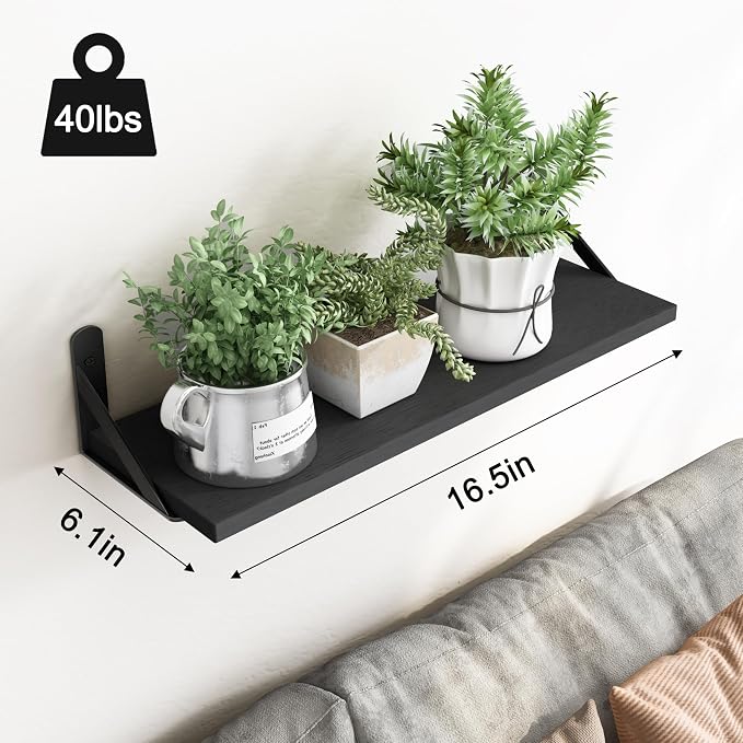 YGEOMER 16.5in Floating Shelves for Wall Home Decor, Black Set of 6 | Rustic wood shelves with metal brackets. Space-saving for books & decor. Works in bathroom, kitchen, living room & bedroom. - Image 3
