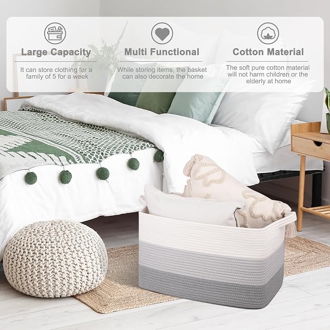 OIAHOMY Rectangle Woven Storage Basket - Nursery Cotton Rope Baskets for Storage, Toy Basket Organizing for Living Room, 17.7"x13.8"x11"- Pack of 3 - Gradient Gray - Image 4
