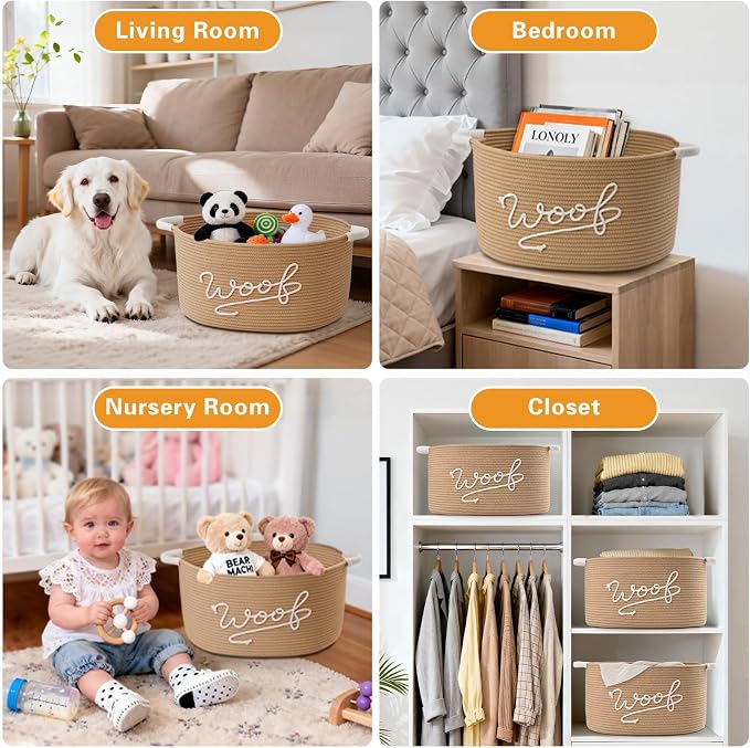Woof Dog Toy Basket, Large Dog Toy Storage Bin with Durable Handles, Woven Dog Basket for Blankets, Toys, Chews, Pet Toy Storage Box for Nursery, Living Room, Bedroom, 17”x12”x9, Beige - Image 7