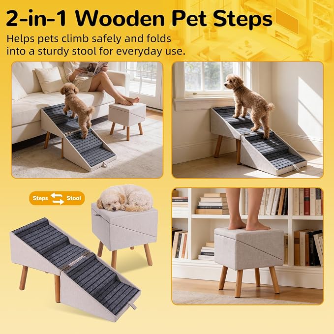 Dog Stairs for Small Dogs, 2-in-1 Foldable Pet Ramp and Ottoman, 17.13" H | Non-slip carpeted steps, solid wood support, gentle incline for couches, and a foldable ottoman design for compact storage. - Image 5