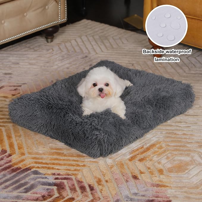 Bedfolks Waterproof Dog Crate Bed, Plush Dog Pad, 23"x18", Solid Dark Grey | Faux Fur Plush Cover, Removable Washable Outer, Waterproof Inner Lining, Non-Slip Base, Crate Pad and Dog Pillow - Image 2