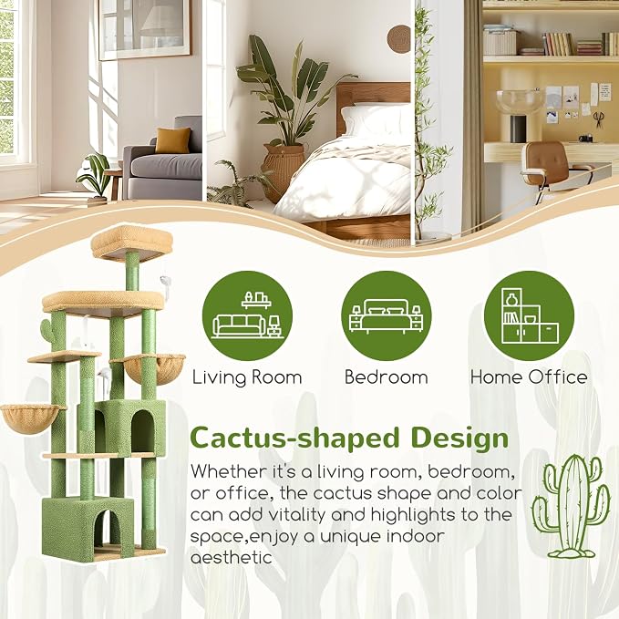 Globlazer Cactus Sturdy Cat Tree for Indoor Cats 20 lbs, S68, Green | 68-inch Large Cat Tower for Adult Big Cats, Heavy Duty Cat Tree with Extra Large Platform, 5 Scratching Post - Image 6