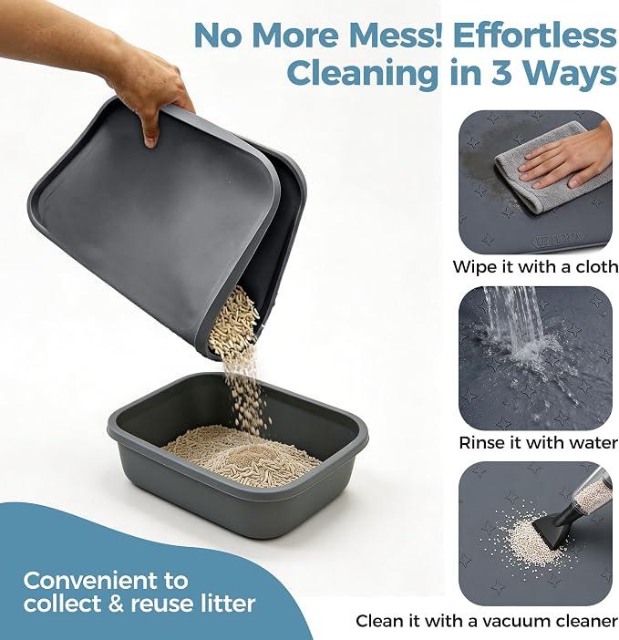 URMONA Cat Litter Mat & Dog Food Mat, 30 x 20 in Waterproof Silicone Tray | Raised Edge Tray for Pet Bowls and Litter Boxes, Helps Contain Water, Food and Litter to Protect Floors, Easy-Clean Black - Image 4