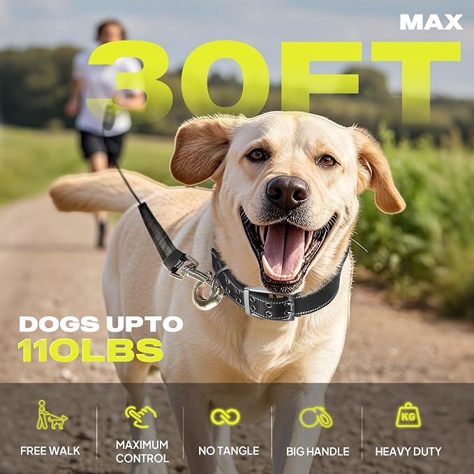 Fida Upgraded Retractable Dog Leash, 30ft, Heavy Duty, Neon Yellow | Long Walking Leash for Medium/Large Dogs up to 110 lbs, 360° Tangle-Free, Soft Grip, One-Hand Brake - Image 6