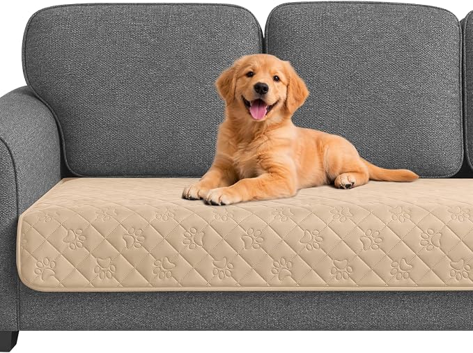 PAWFINITY Waterproof Couch Covers for Dogs, Pet Blanket for Sofa Washable | Paw Print Quilted, Hair Resistant, Anti Cat Scratch, Pee Proof Furniture Protector for 3 Seat Sofa and Bed, 30x80 Inch, Beige by Pawfinity