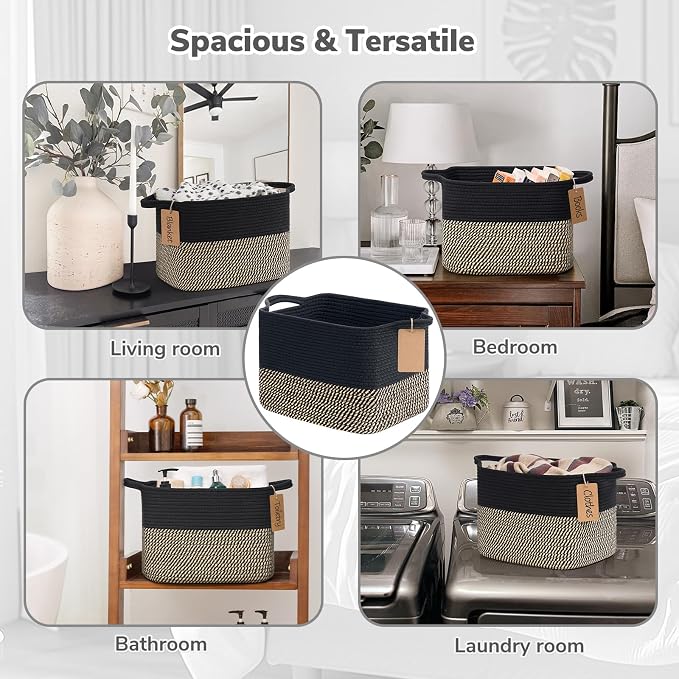 Goodpick Woven Storage Basket for Shelves, Rectangle, Black & Jute | 13" × 10" × 9" Stylish Gift Basket for Home Decor, Wicker Baskets for Shoes, Toys & Books Storage, Reinforced Handles - Image 4