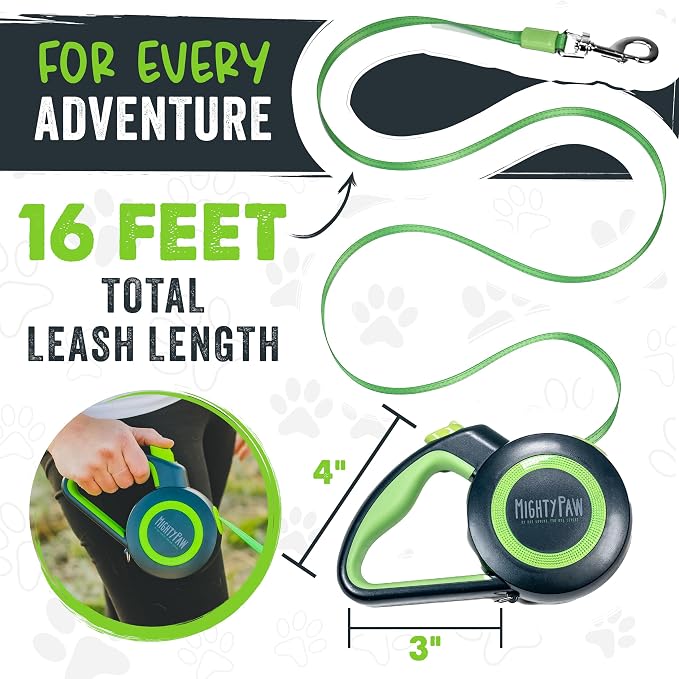Mighty Paw Retractable Dog Leash 2.0, 16 Ft, for Medium Dogs, Heavy Duty | Reflective Nylon Tape, Tangle-Free Swivel Clip, One-Touch Quick-Lock Brake, Reflective Ring, Anti-Slip Handle - Image 4