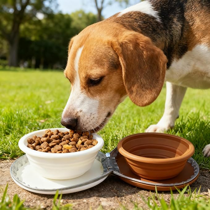 Zegcohjave Collapsible Dog Bowls, 2-in-1 Silicone Portable Dog Food and Water Bowl, Travel Pet Bowls for Dogs & Cats, Ideal for Camping, Hiking and Outdoor Adventures(Brown and light yellow) - Image 2