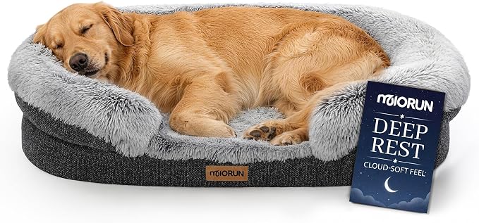 Miorun Fluffy Orthopedic Dog Beds Large Sized Dog, 43" Bolster Sofa Bed | Soft plush faux fur,lowered entry,washable cover,waterproof liner,claming dog couch for x-large dogs,supportive bolster by Miorun