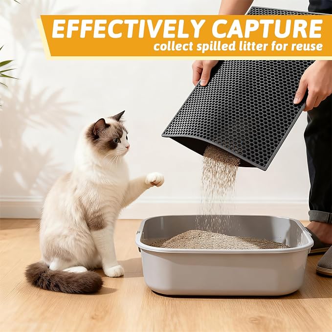 Pieviev 2 Packs Cat Litter Mat Double Layer Waterproof Urine Proof Trapping Mat (24"X15", Black) | Waterproof Urine Resistant Layer Litter Box Mat, Easy Collection, Soft on Kitty Paws, Black Color for Indoor Cats - Image 3