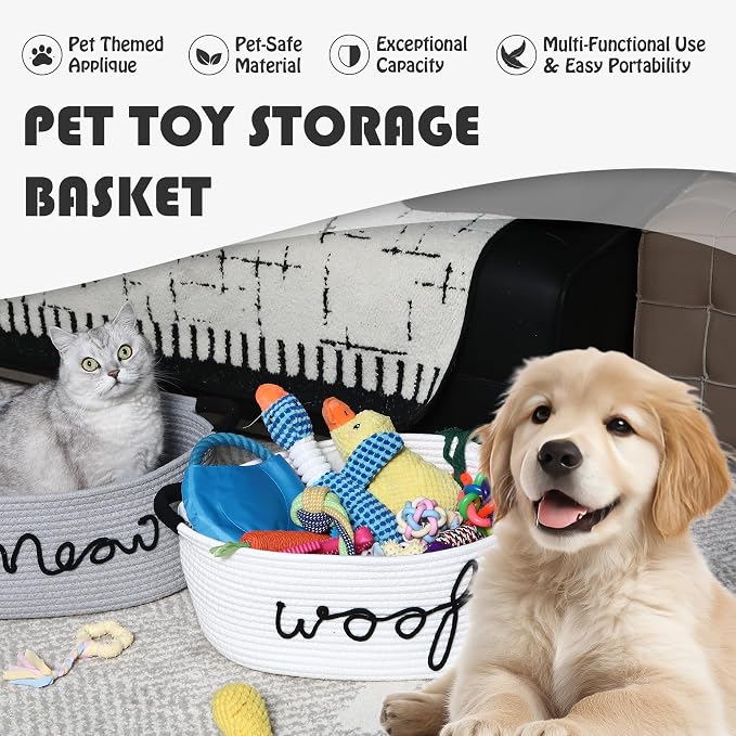 Sea Team Dog Toy Storage Basket with Handles, White Woof | Large Cotton Rope Storage Bin, Shelf Basket, Organizer for Pet Chew Toys, Foods, 16.5 x 11 x 7 Inches, 4.4 Gallons - Image 2