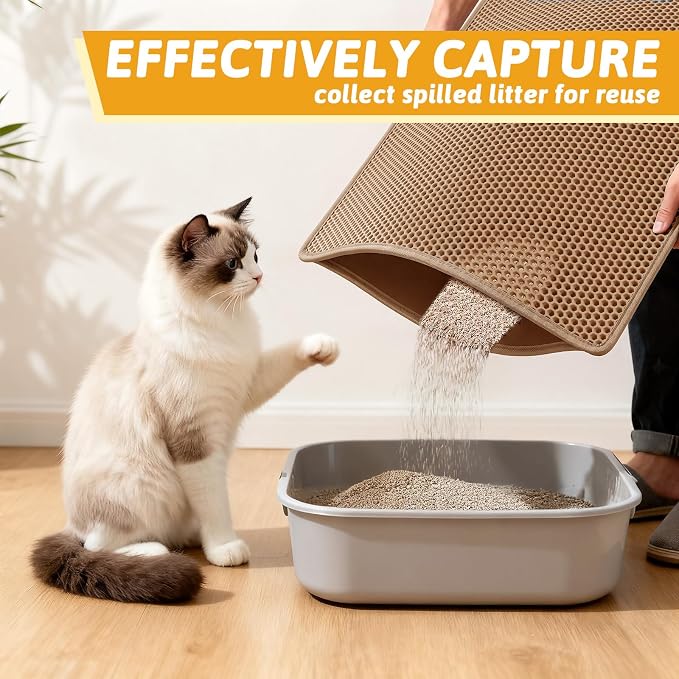 Pieviev Litter Mat, Double-Layer Waterproof Litter Trap, 30" x 24" Brown | Honeycomb Design Catches Scattered Particles to Stop Tracking, Urineproof Base Protects Floors, Easy to Clean - Image 3