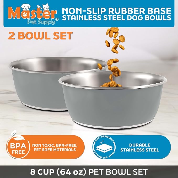Master Pet Supply Stainless Steel Dog Bowls Set of 2 - Graphite - 64 Oz | Non-Slip Rubber Base, Basic Dog Food Bowl Water & Food Bowls for Small, Medium, Large Dogs & Cats Metal Dish - Image 2