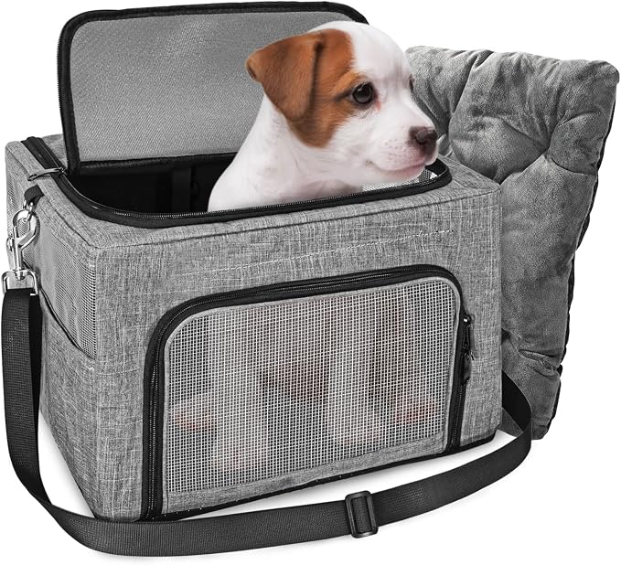 SlowTon Dog Car Seat - with Reinforced Metal Frame for Pets up to 15lbs | Safe Pet Car Seat with Safety Belt & Waterproof Pee Pad & Top Cover, Portable Collapsible Puppy Carrier Bag for Small Dogs by SlowTon