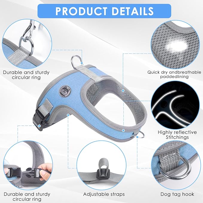 Dog Harness and Leash Set, No Pull Saddle Style Pet Harness, Breathable Mesh Adjustable Reflective Dog Vest for Medium Small Dogs Harness 2 D-Rings, Blue, M - Image 2