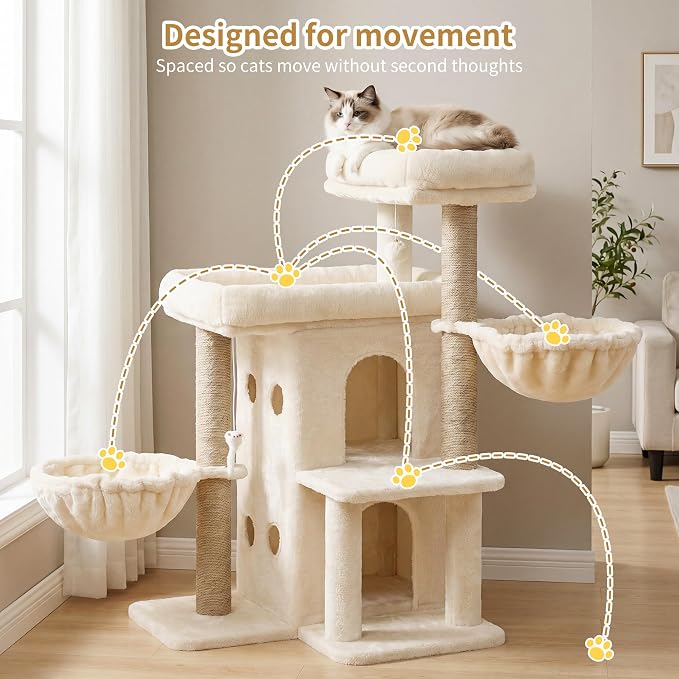 Heybly Cat Tree with Reinforced Big Base, 41.3 in Sturdy Cat Tower HCT075MJ | Indoor Cat Furniture Featuring 2 Roomy Platforms, Double Condos, 2 Cozy Baskets, Full Sisal Scratching Posts, Beige - Image 6