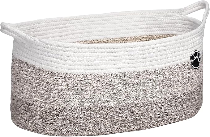 Optish 25L Medium Dog Toy Basket, Woven Rope Storage Basket, White-Brown | 16.5" x 11" x 9" Toy Storage Box and Bin with Handles for Living Room, Bedroom Organization, Foldable, Durable, Home Decor by Optish