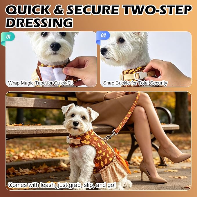 EXPAWLORER Dog Harness Small Medium Sized Dogs, No Choke No Pull Mesh Vest | Fall Dog Dress Bowknot Harness and Leash Set, Cute Princess Puppy Soft Outfits Clothes Costume for Girls Party Cats Brown S - Image 7