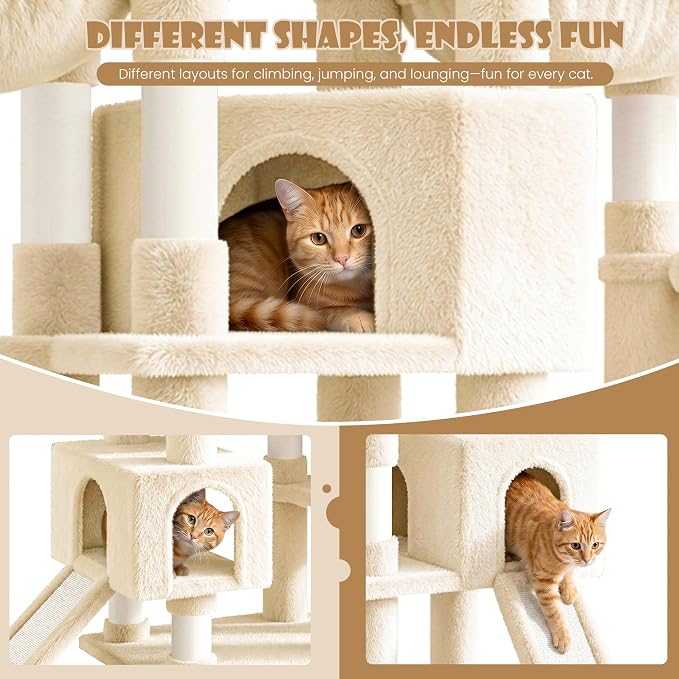 Sha Cerlin 87 in Multi-Level Tall Cat Tree Tower for Large Cats/Extra Wide Feline Activity Center/Sisal Scratching Posts/Wide Base/Cozy Plush Perches/Baskets/Hammocks/Toy Balls/Beige - Image 3