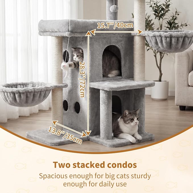 Heybly Cat Tree with Reinforced Big Base, 41.3 in Sturdy Cat Tower HCT075W | Indoor Cat Furniture Featuring 2 Roomy Platforms, Double Condos, 2 Cozy Baskets, Full Sisal Scratching Posts, Light Gray - Image 3