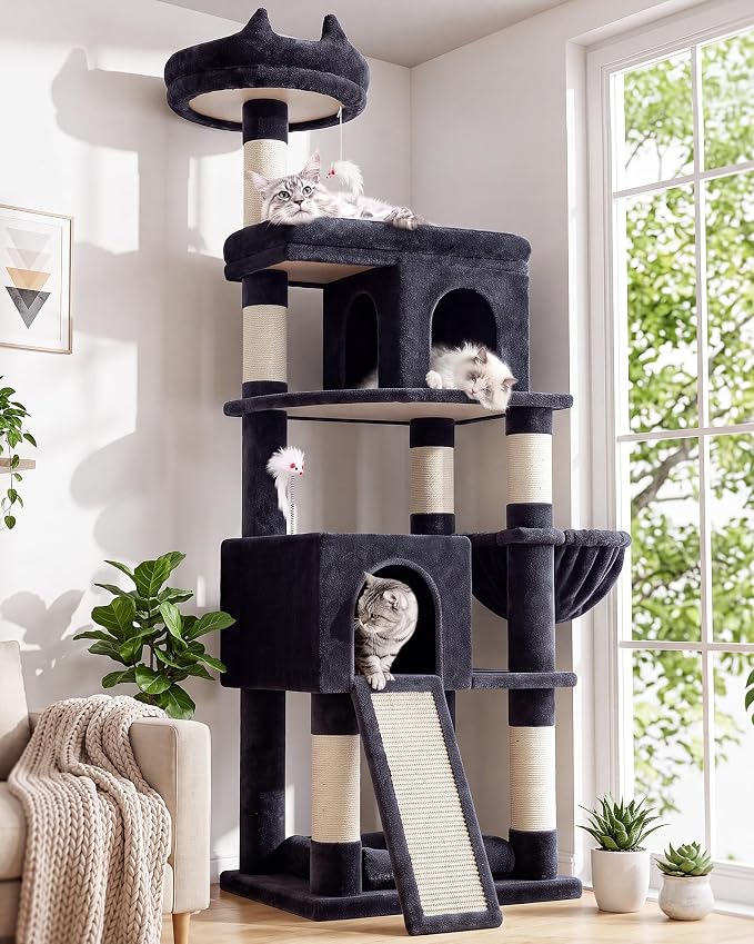 Globlazer Heavy Duty Cat Trees for Large Cats, Sturdy 72in Maine Coon Cat Tree for Large Cats 20 lbs+ Heavy Duty Cat Tower for Adult Biggest Cat with 6 Scratching Posts, Hammock, S72, Smoky Gray by Globlazer
