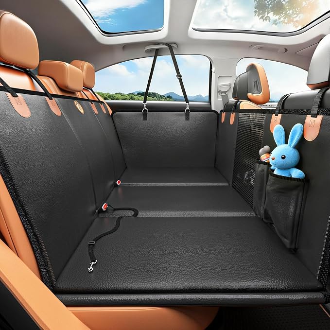 MYJAQI Back Seat Extender for Dogs, Hard Bottom Dog Car Seat Cover | 100% Waterproof PU Leather, Holds 400lbs, Scratch Proof and Anti Slip Dog Hammock for Car, Mesh Window & Dog seatbelt by MYJAQI