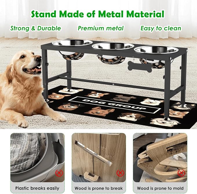 SHAINFUN Elevated Dog Bowl Stand for Large Dogs& Extra Large Dogs with 3 Bowls 101oz– 4 Adjustable Height Raised Pet Feeder with Anti-Spill Mat, Stainless Steel Food & Water Station - Image 6