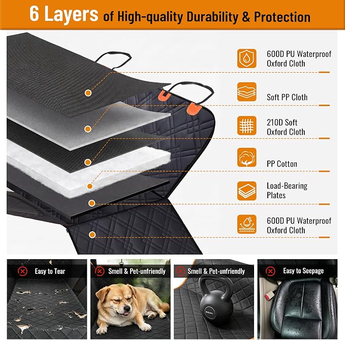Back Seat Extender for Dogs - Hard Bottom Dog Car Seat Cover for Back Seat Holds 400lbs, Upgraded Waterproof Dog Hammock for Car and SUV, Sturdy Backseat Extender for Dogs (Orange) - Image 6