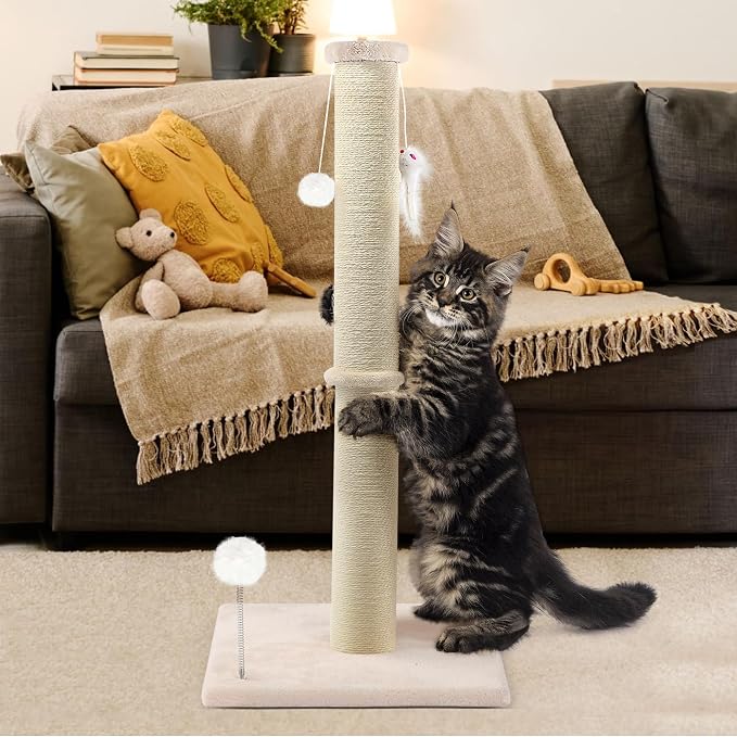 36 Inch Tall Cat Sisal Scratching Post for Indoor Cats, Beige | Natural Sisal, Sturdy Base, Interactive Toys, Full Stretch, For Kittens and Adult Cats - Image 7