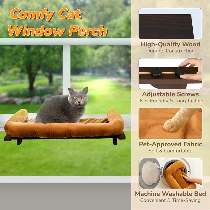 [Ready to Gift] PURRHOUSE 45LBS Cat Window Perch with Bolster, Hammock Seat with Plywood & Metal Frame, Cat Bed for Windowsill, Bedside and Cabinet (Walnut Wood & Brown Cushion, 24.8''W x 9.4''H) - Image 2