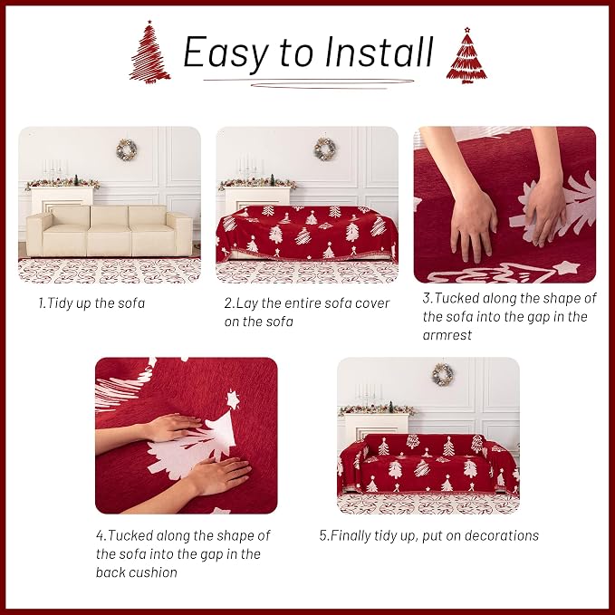 MYSKY HOME 71X102 inches Chair Christmas Couch Cover, Sectional Sofa Covers Sofa Slipcover for 1 Cushion Couch, L Shape Couch Covers for Dogs, Kids, Washable Sofa Blanket, Furniture Protector, Red - Image 6