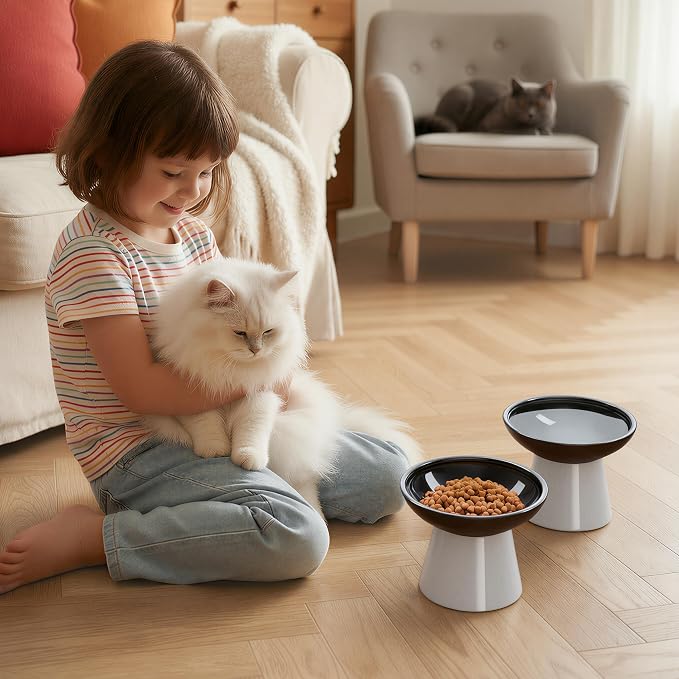 LoeJan Ceramic Cat Bowls, Elevated Cat Food and Water Bowls Set, Extra Wide and Raised Ceramic Bowls, Anti-Vomit Whisker-Free Pressure Cat Feeder for Kittens to Adult Cats - Image 7