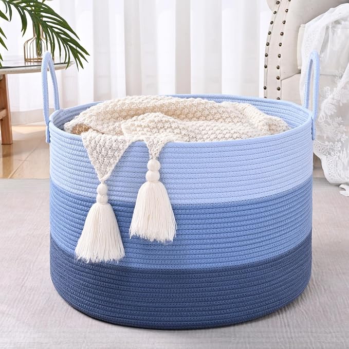 67L Large Woven Blanket Basket, Cotton Rope Baby Laundry Hamper with Handles, Kids Toy Basket for Classroom & Nursery, Soft Round Stuffed Animal Storage, Dog Toy Bin - 20"x13", Blue - Image 6