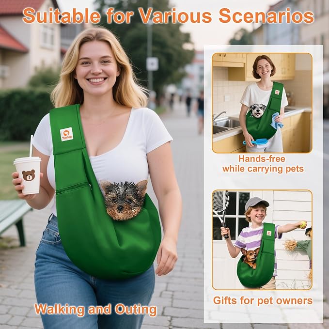 Tomkas Small Dog Cat Sling Carrier Puppy Purse Travel Wrap Soft Crossbody Pet Bag (Emerald Green, M - Zip Pocket & Adjust Strap) - Image 2
