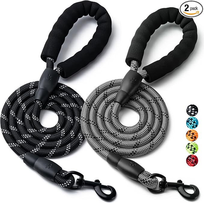 2 Pack Dog Leash, Heavy Duty Nylon Rope Pet Leashes(6FT-3/8,Black/Grey) | Comfortable Padded Handle, Anti-tangle Swivel Clip, Reflective for Night Walks and Training, Climbing Rope for Strong Pullers by BOOMIBOO